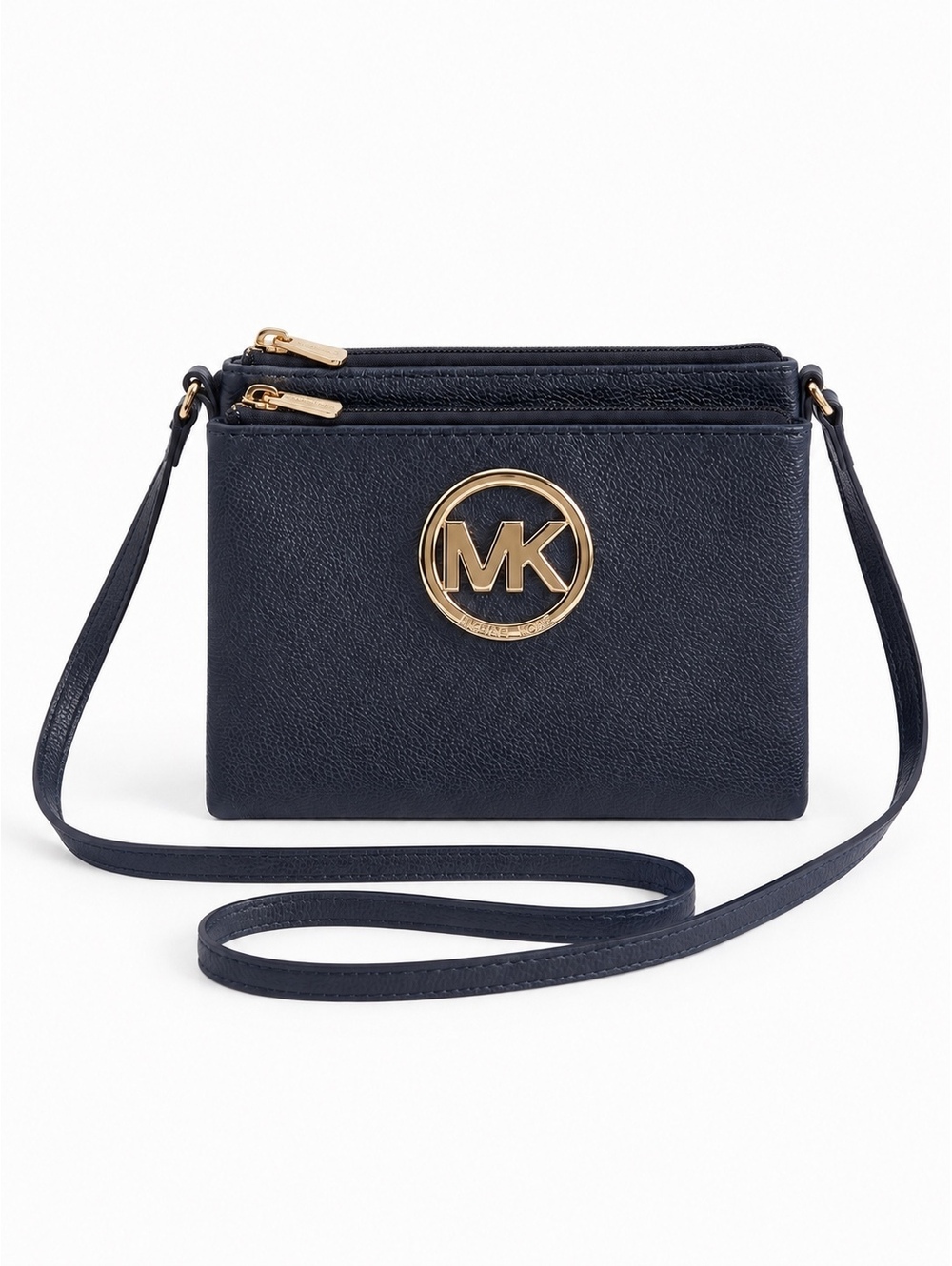 Michael Kors Fulton Navy Pebbled Leather Crossbody Bag Gold MK Logo